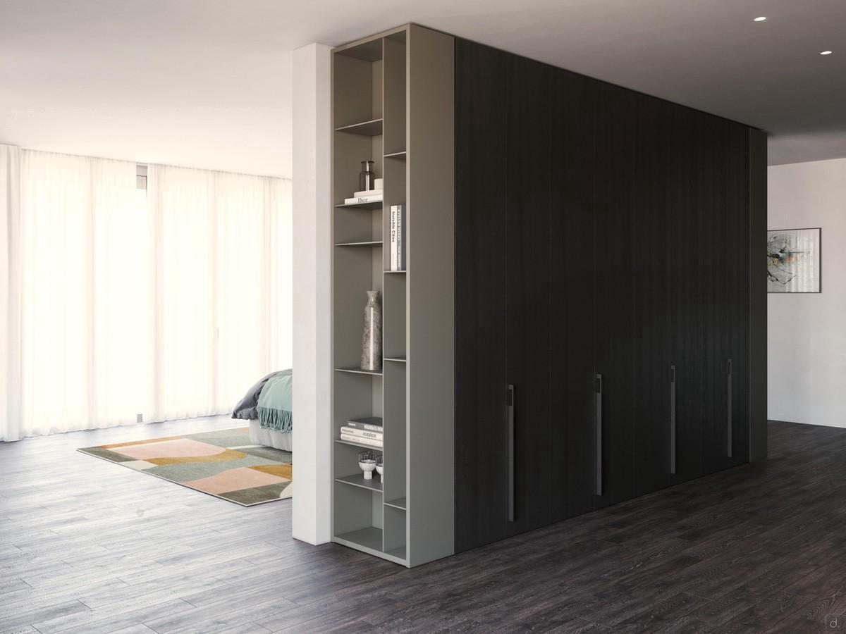 Open side column for Lounge Patchwork wardrobes, in Titanium matt lacquer finish and combined with a Neptune Lounge hinged wardrobe