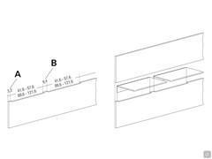 Optional shelves for Freehand wall panels, with a diagram of their positioning and the minimum distances to be respected: 3.2 cm from the edge of the panel (A) and 6.4 cm between one shelf and another (B), regardless of the width