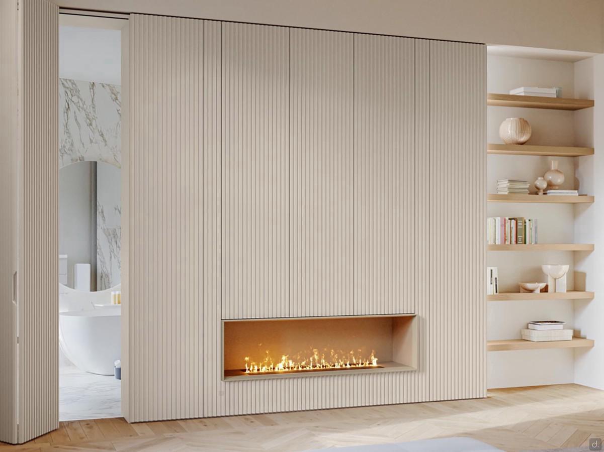 Living room cabinet with open compartment and steam fireplace with natural flame effect