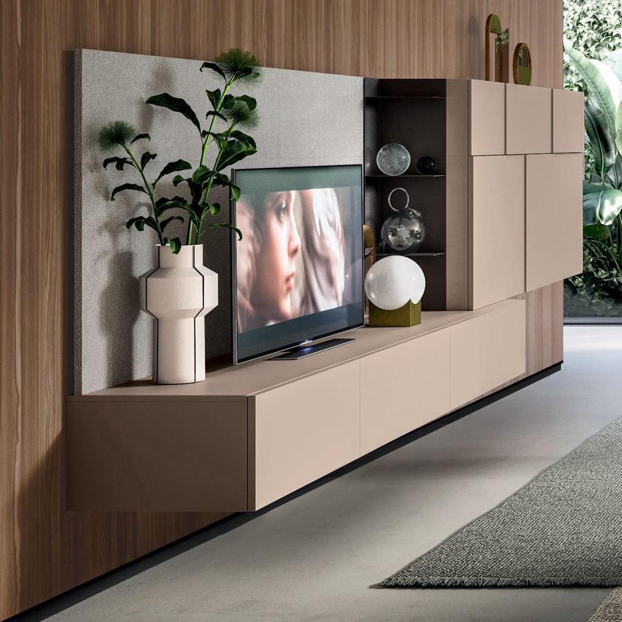 Plan living room low cabinet with doors and single integrated top placed in a customized wall unit system