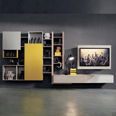 Living room wall system with TV panel Park 02 - (finitura laccato opaco giallo non disponibile)