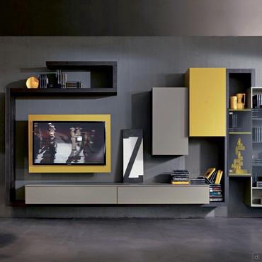 Wooden bespoke wall system with TV panel Park 05 (mustard matt lacquer not available)