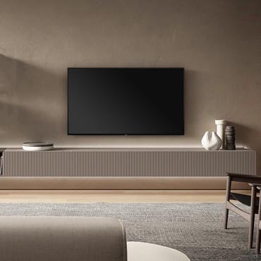 TV wall with wall-hung flap bases and open compartment