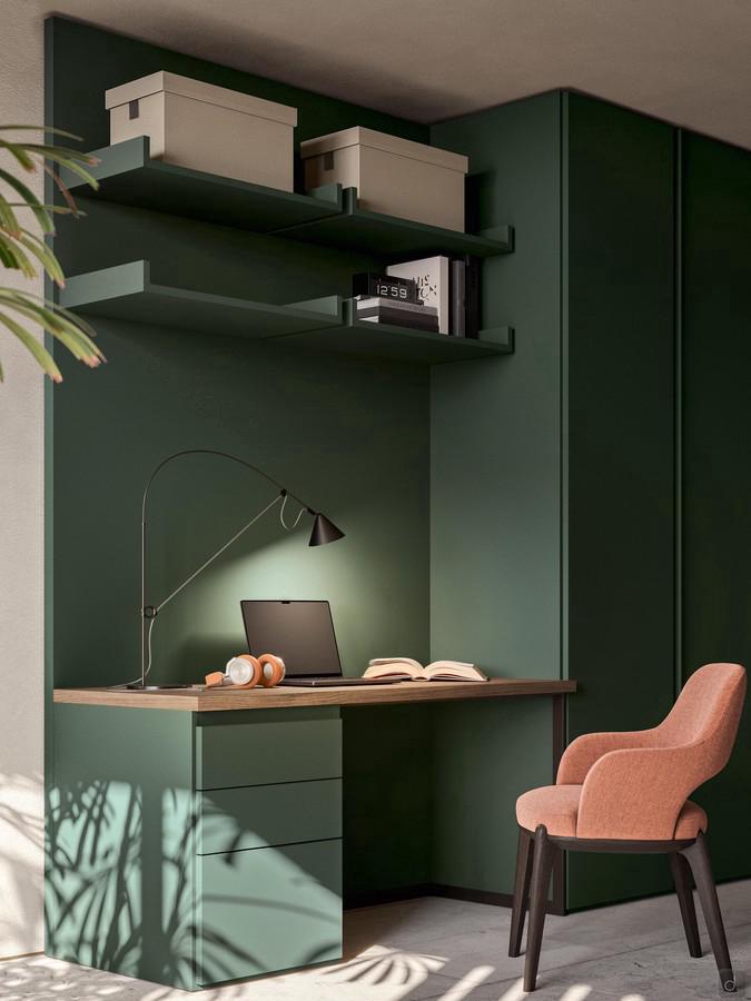 Custom-made back for Wide wardrobe, here proposed equipped with shelves in forest green matt lacquered wood to create a home-office at the beginning of a Wide composition. Note the folding side panel.