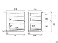 Diagram of the depths and heights of the individual elements making up the various Wide drawer and pull-out base units