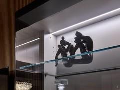 Detail of the clear glass shelf inside the Glass wall unit and of the horizontal LED bar, milled into the cap