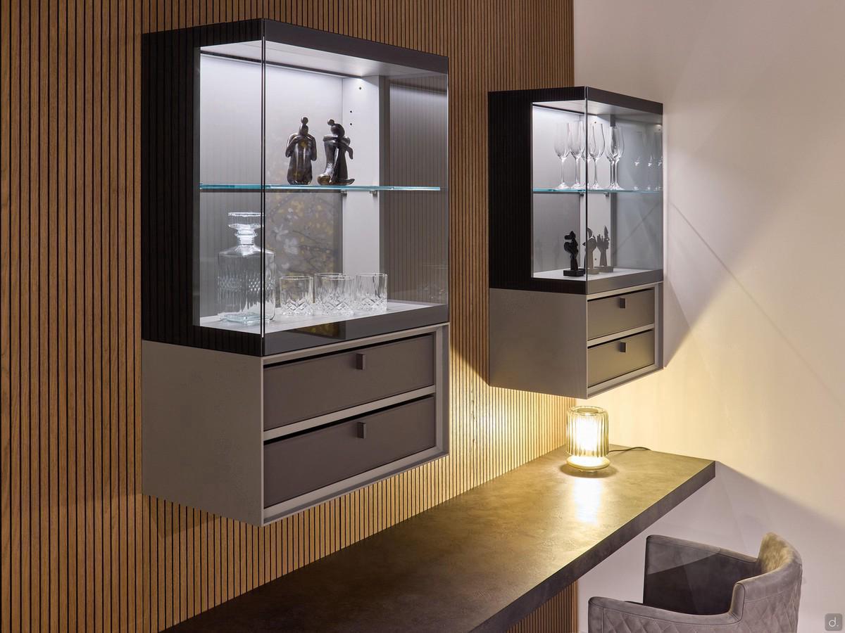 Plan Glass grey transparent glass wall unit for living room, combined with Plan Square wall units with leather drawer