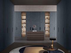 Armoire de luxe modulaire avec portes battantes en tissu Moon Lounge, avec meuble îlot de dressing Horizon Lounge et modules ouverts avec étagères