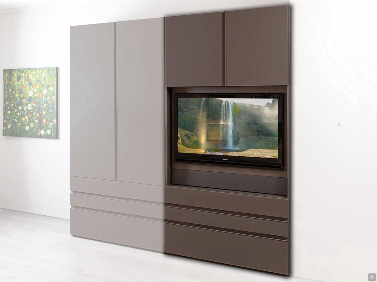 Armoire avec module TV large laqué mat, avec deux portes battantes supérieures et trois tiroirs inférieurs