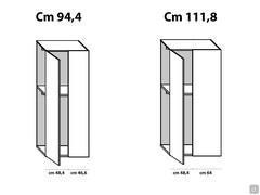 Schéma du module final Wide dans les deux tailles disponibles, indiquant les largeurs de la porte battante et de la façade fixe