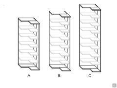 A) module d'angle ouvert h.229,5 avec 5 étagères - B) module d'angle ouvert h.255,1 avec 6 étagères - C) module d'angle ouvert h.290,3 avec 7 étagères