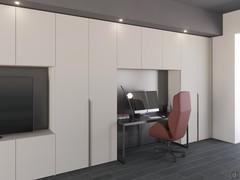 Bureau à domicile entièrement constitué d'éléments Wide laqués mat. Au centre, le pont Wide à profondeur réduite offre un espace pratique pour les bureaux et les tables de travail.