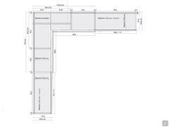 Dimensions spéciales de l'armoire d'angle coulissante large à profondeur réduite, avec module d'angle central et deux pièces d'extrémité sur les côtés