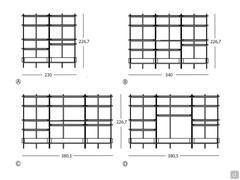 Bibliothèque design en bois et métal Macao de Cantori - schéma dimensionnel : A) modèle avec une largeur de 230 cm B) et C) modèles avec une largeur de 340 / 380,5 cm et une tablette en verre D) modèle avec une largeur de 380,5 cm
