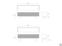 Schémas et Dimensions du buffet Katen dans la version coulissante à 3 portes, pour chacune d'entre elles avec les deux bases disponibles (basse et haute)