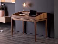 Aneko Bureau secrétaire moderne avec structure et pieds en noyer naturel massif, plateau en bois lamellé plaqué assorti.