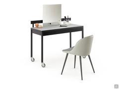 Bureau moderne avec tiroir Atene dans sa version coiffeuse, avec barre en aluminium optionnel et miroir carré