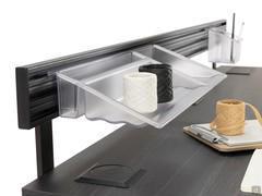 utiles et pratiques accessoires de rangements en polycarbone, disponibles en options ce qui permet de compléter la barre en aluminium afin de rendre Atene, un bureau encore plus fonctionnel