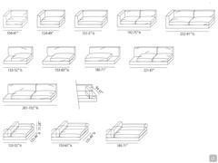 Modularité disponible pour le canapé Omega : éléments d'extrémité, éléments d'extrémité avec  côté ouvert / accoudoirs "recliner" et éléments d'extrémité avec accoudoir et dossier "recliner"