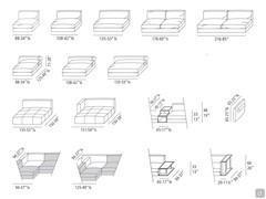 Modularité disponible pour le canapé Omega : éléments centraux, éléments centraux avec dossier "recliner", méridienne, éléments d'angle, tables d'appoint et coussin de dossier avec rouleau