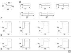 Schémas et Dimensions du canapé design modulaire Biarritz : A) éléments d'extrémité B) chaise longue C) méridienne