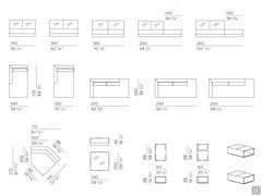 Modularité du canapé Clive : éléments centraux, méridiennes, éléments d'angle-méridienne, péninsule-élément ouvert, pouf et tables basses intégrées