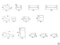 Modularité et éléments disponibles pour le canapé Drappy : fauteuil, canapés linéaires, élément central et d'extrémité, coin carré, chaise longue et ottoman.