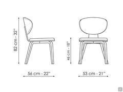 Chaise Olos de Bonaldo - Schémas et dimensions du modèle avec quatre pieds en bois