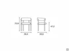 Schémas et dimensions de la chaise Elsa, avec un dossier bas et enveloppant et une largeur d'environ 60 cm