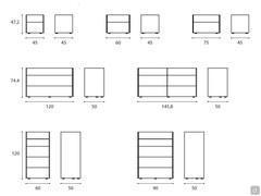 Table de chevet avec pieds métalliques Marquis - Schémas et dimensions des modèles avec piieds bas