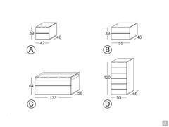 Schéma des dimensions de la collection de chambre à coucher aux bords arrondis Flight - A) et B) tables de chevet C) commode avec tiroir intérieur profilé D) chiffonnier