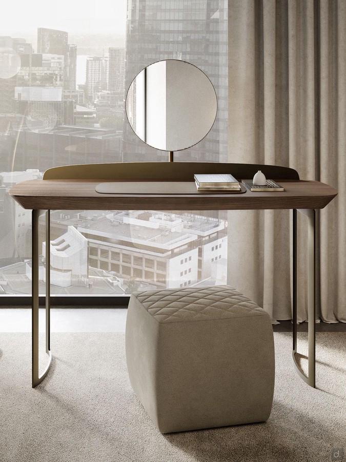 Bristol est une coiffeuse moderne de style minimaliste avec plateau en bois avec miroir intégré et pieds en métal