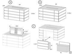 Dimensions : A) Îlot Horizon simple face B) Îlot Horizon double face C) En option : rangement avec système de montée et descente électronique et siège extractible avec assise en tissu, similicuir ou cuir