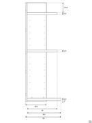 Schéma des profondeurs des différents éléments qui composent le dressing Bay Wide : planche au sol, panneau latéral, étagères et panneau supérieur