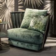 Fauteuil de luxe Twist de Cantori en velours Bellagio vert foncé, avec des bandes de cuir velours vert et un cadre or pâle