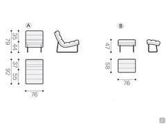 Schéma technique du fauteuil rembourré avec pouf Priscilla : A) fauteuil B) pouf