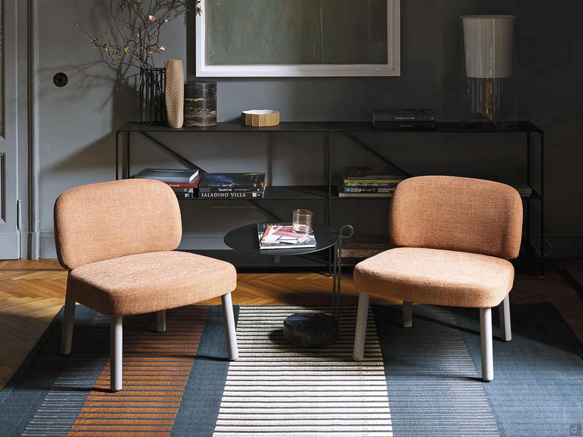 Fauteuil lounge design sans accoudoirs Hamide avec pieds en frêne teinté couleur Lin