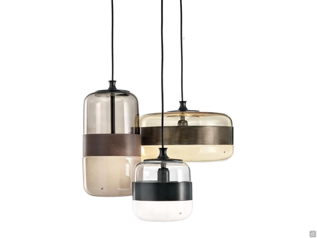 Luminaire à suspension à 3 lampes avec diffuseurs en verre et anneau métallique assorti