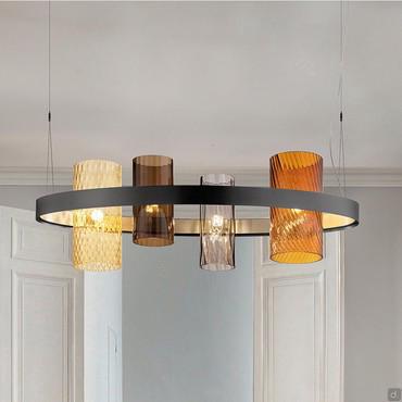 Grande suspension en verre design Armonia, avec des cylindres en verre soufflé balloton et rigadin