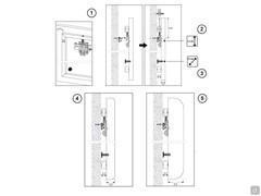 Système de fixation murale : 1) Supports de fixation murale 2) Réglage en hauteur des supports 3) Réglage en profondeur des supports 4) Epaisseur du panneau rembourré plat 5) Epaisseur du panneau rembourré courbe