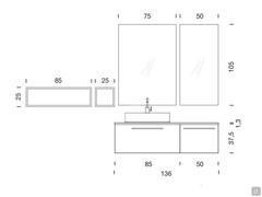 Armoire de toilette avec lavabo décentré N100 Frame - Schémas et dimensions de la composition standard avec miroirs et éléments suspendus ouverts