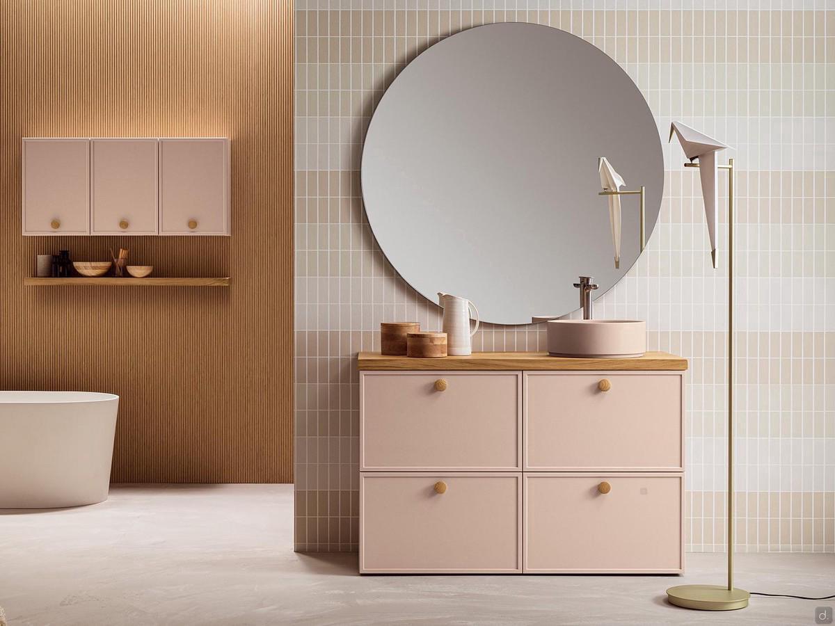 N110 Armoire de toilette en chêne avec meuble bas à 4 tiroirs et lavabo rond polyvalent