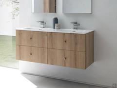 meuble salle de bain Atlantic avec double lavabo et console en mélaminé effet bois 275 Evoke. Les bases sont composées de 4 tiroirs de 60 cm, pour une hauteur de 25 cm chacun