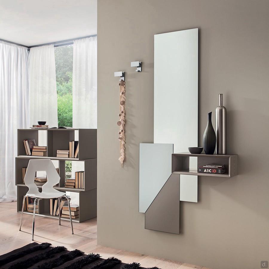 Petit meuble d'entrée avec miroir vertical Cornelius. Niche en mélaminé taupe à pores ouverts