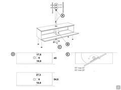 Support pivotant Vesa : A) barre de support et passe-câble intégré ; B) séparation à l'intérieur du caisson ; C) plaque de fixation pour les modèles suspendus ou avec des pieds hauts ; D) dimensions du trou pour le bras Vesa ; E) exemples de pivotement