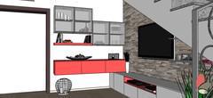 Design 3D Living Room/Living Room - vue des meubles bas suspendus et des meubles hauts en vitrine