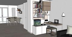 3D Design Living Room/Living Room - coin bibliothèque et bureau