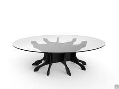 Table basse design en verre et bois de bouleau, avec plateau circulaire en verre extra-clair et base peinte en noir h.40 cm