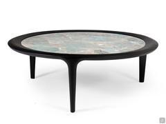 Tables d'appoint Beckett ronde de  Ø90 x H.30 cm en bois massif finition Chêne Noir et plateau en Amazonite Extra