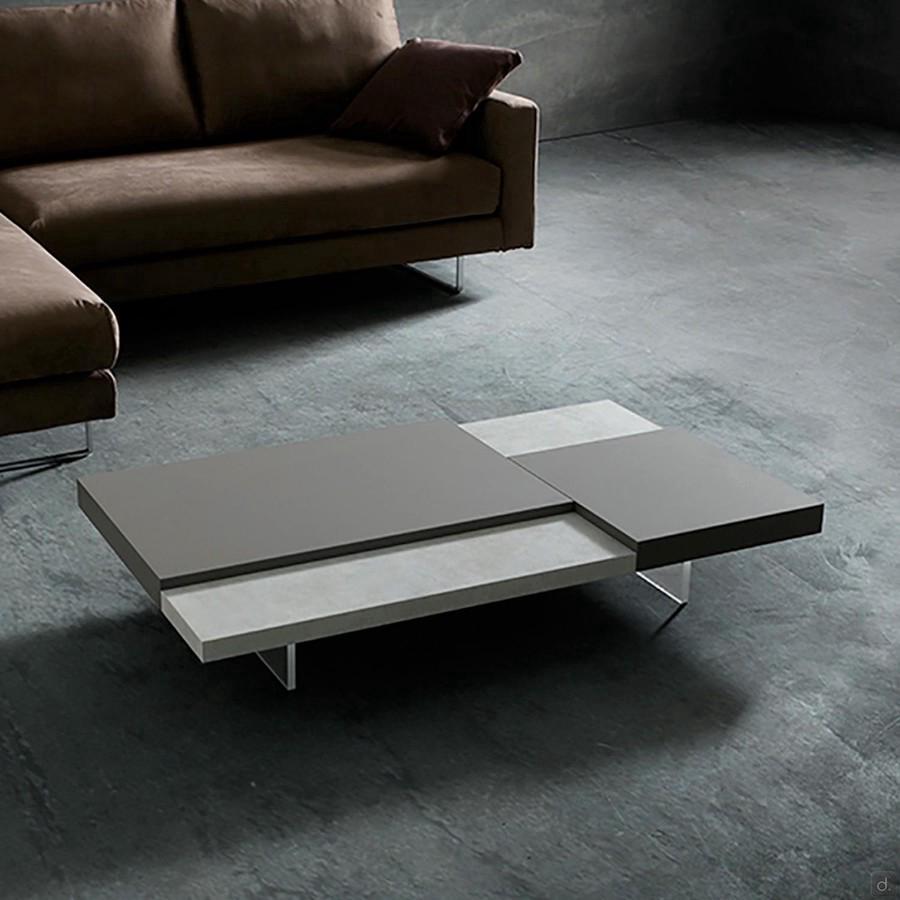 Table basse en mélaminé effet pierre Viktor, avec plateaux en Fenix gris Londres et plateaux bas en mélaminé platine